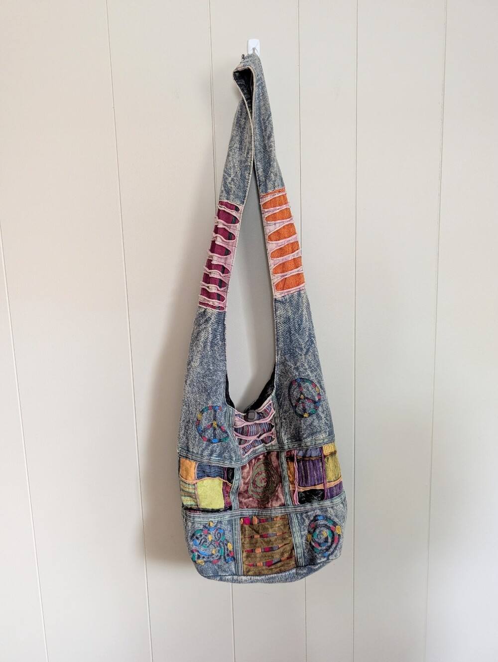 Y2K Bohemian-Style Washed Denim Patchwork Sling Bag